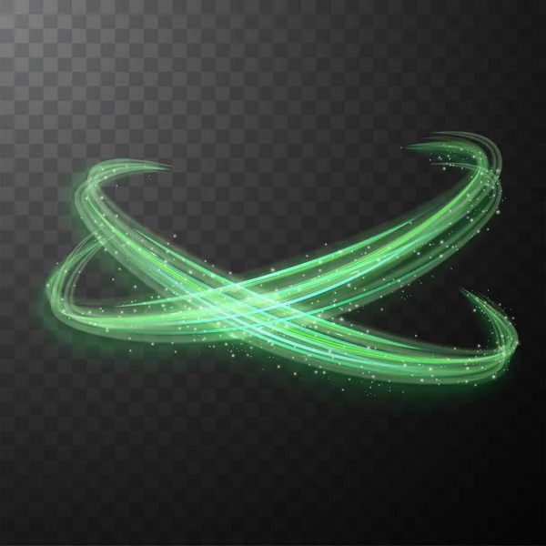 Zielone świecące błyszczące linie spiralne abstrakcyjne światło prędkości i błyszczące faliste szlak — Wektor stockowy