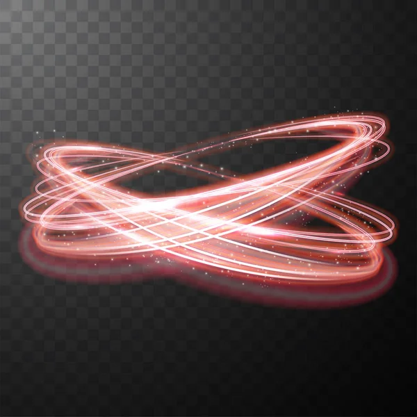 Rot glühend glänzende Spirallinien abstrakte Lichtgeschwindigkeit und glänzende wellige Spur — Stockvektor