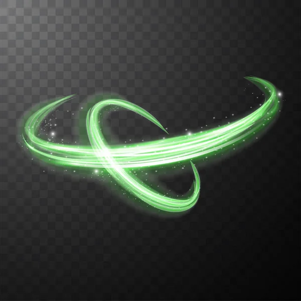 Zielone świecące błyszczące linie spiralne abstrakcyjne światło prędkości i błyszczące faliste szlak — Wektor stockowy