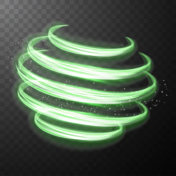 Grün glühend glänzende Spirallinien abstrakte Lichtgeschwindigkeit und glänzende wellige Spur — Stockvektor