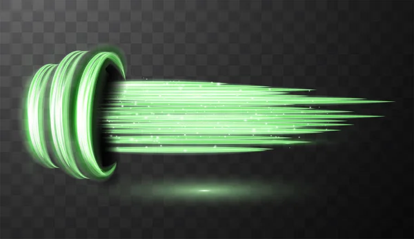 Grün glühend glänzende Spirallinien abstrakte Lichtgeschwindigkeit und glänzende wellige Spur — Stockvektor