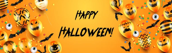 Truque de Halloween feliz ou modelo de banner tratar com balões assustadores e elementos de Halloween fundo — Vetor de Stock