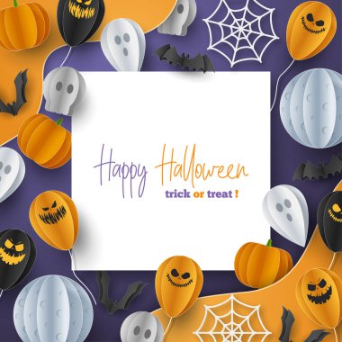 Kâğıt kesim tarzında balkabağı ve bulutların olduğu Cadılar Bayramı afişleriniz kutlu olsun. Gökyüzünde dolunay, örümcek ağı, kafatası, hayalet ve uçan yarasalar. Vektör İllüstrasyonu