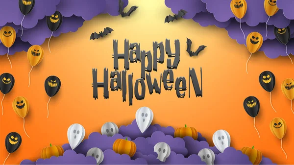 Feliz Halloween Banner Tarjeta Felicitación Fondo Estilo Corte Papel Ilustración — Archivo Imágenes Vectoriales