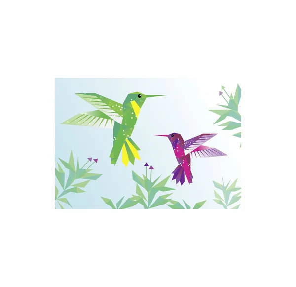 Dwa kolibry w locie wrd zieleni na tle nieba.