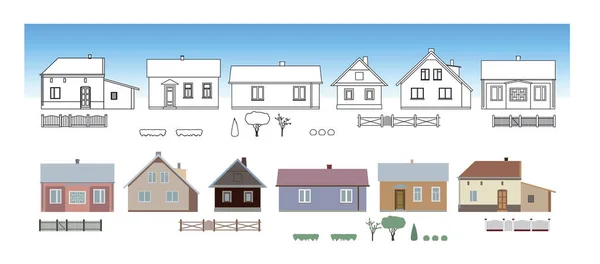 Cepheden bir dizi ev görünüyor. Köy ve banliyö evleri, apartman evleri ve kulübelerin koleksiyonu. Vektör illüstrasyonu, ayrılmış ögeler.