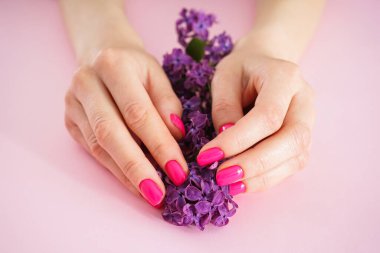 Güzel kadın elleri ve pembe arka planda bir dal leylak. Güzellik ve cilt bakımı. Güzel manikür yakın plan..
