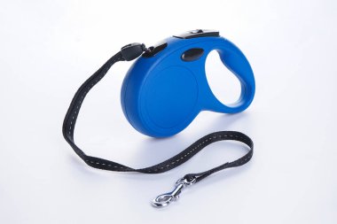 Beyaz arka planda mavi geri çekilebilir köpek tasması.