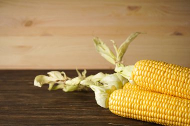 Tahta bir arka planda olgun mısır başakları.