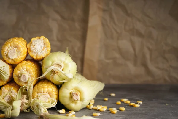 Gri arka planda olgun mısır, metin için yer.