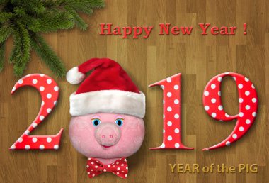 Komik tebrik kartı ile yeni yıl 2019. Bir oyuncak domuz olduğunu. 