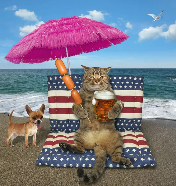 The cat with a glass of beer sits on a air bed under a pink umbrella on the beach. The dog is next to him.