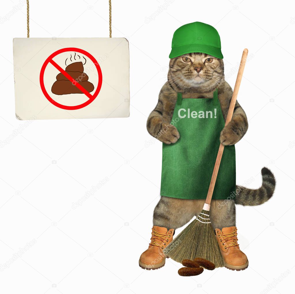 The cat in an apron, a cap and boots cleans up pet dog's poop. The sign  