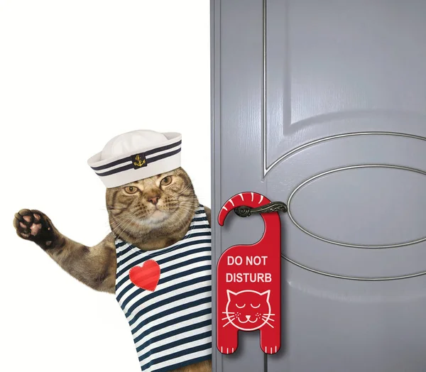 The cat sailor closes the door.  A sign \