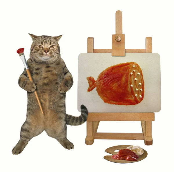 Der Katzenmaler Zeichnet Ein Stück Wurst Auf Die Staffelei Weißer — Stockfoto