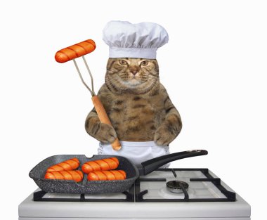 Kedi Şef sosis bir gaz sobası üzerinde bir tavada kızartma. Beyaz arka plan.