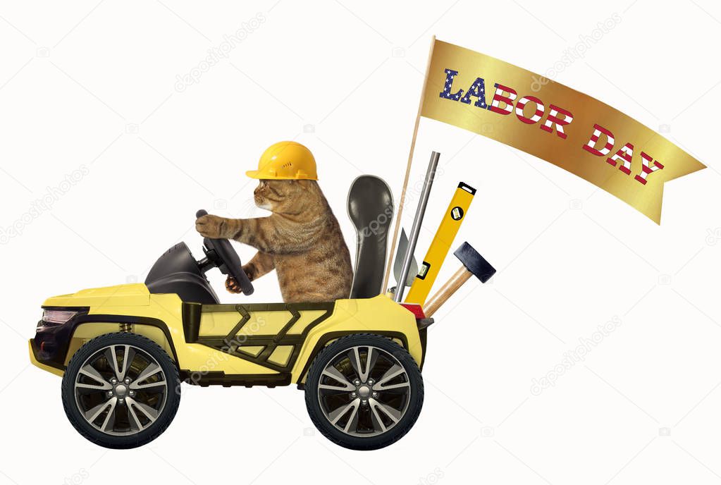 The cat in a helmet is driving a yellow suv with a banner 