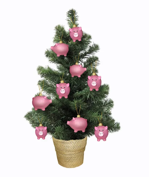 Árbol Navidad Decorado Con Cerdos Juguete Una Canasta Mimbre Fondo —  Fotos de Stock