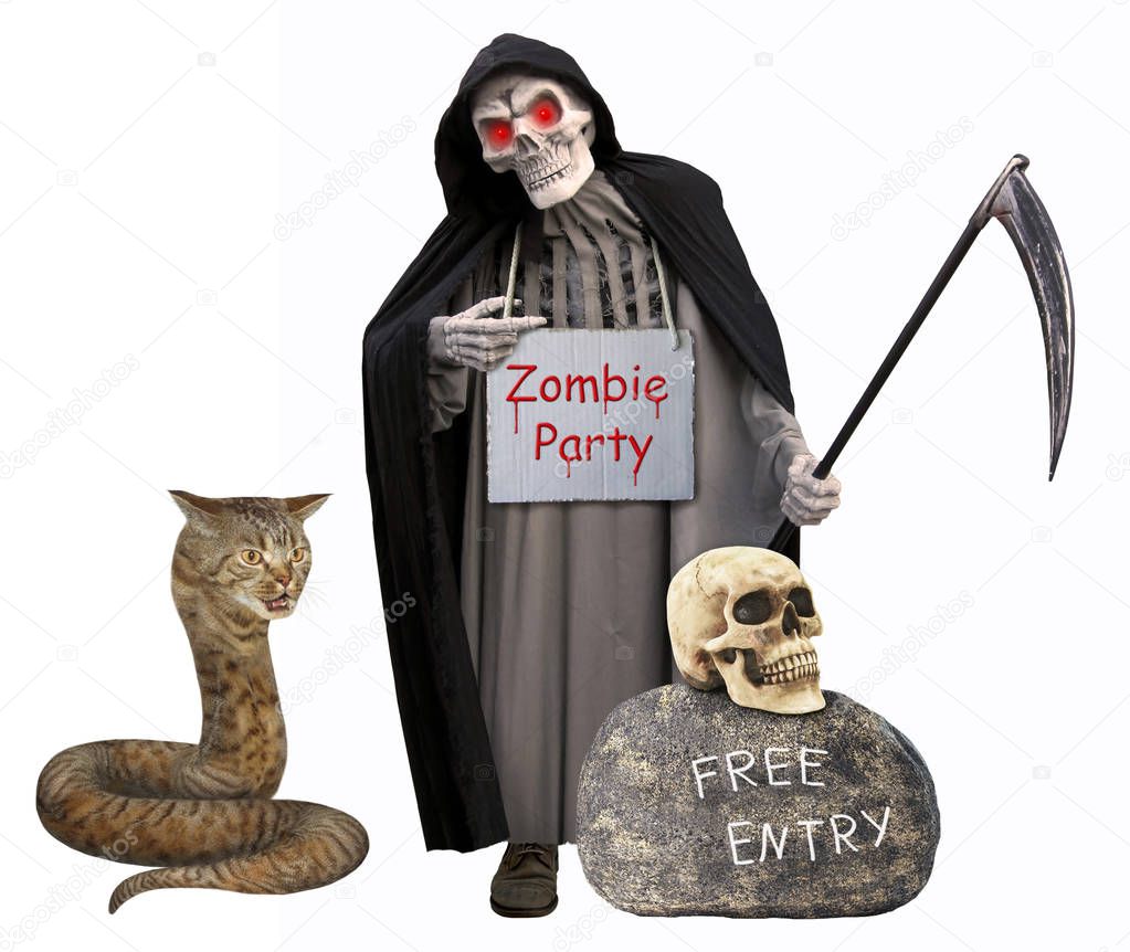The cat snake is next to the grim reaper with a sign around his neck 