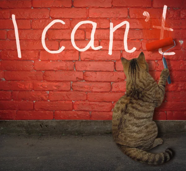 The cat is painting over the letter t in the word can\'t with a pait roller on a red brick wall.