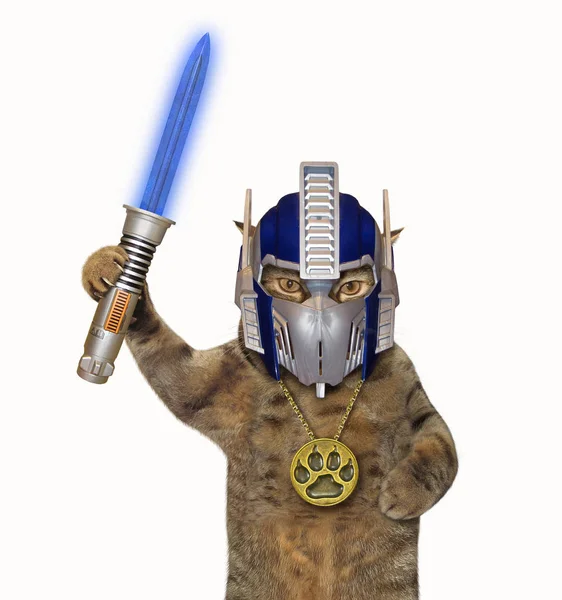 The cat in a space helmet holds a glowing  blue sword. White background.