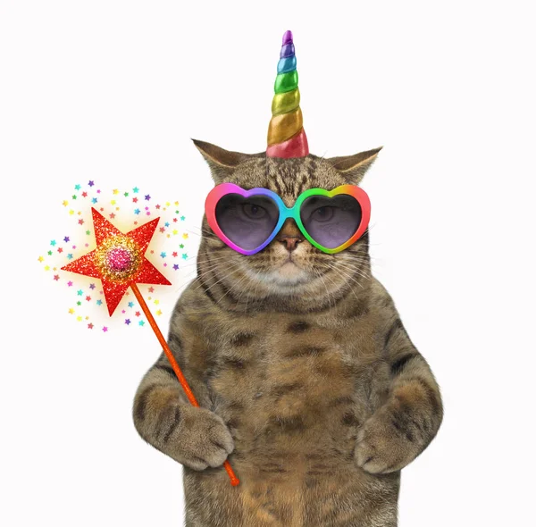 Cat Unicorn Glasses Holding Magic Wand White Background — Stock Photo, Image