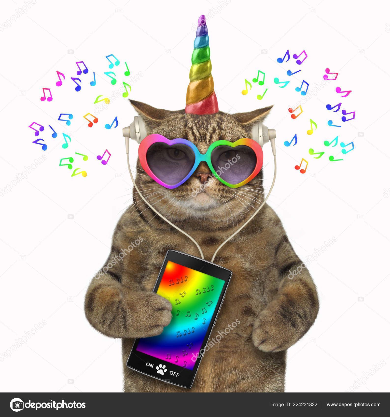 Unicorn Cat Headphones Listening Music Smartphone White Background