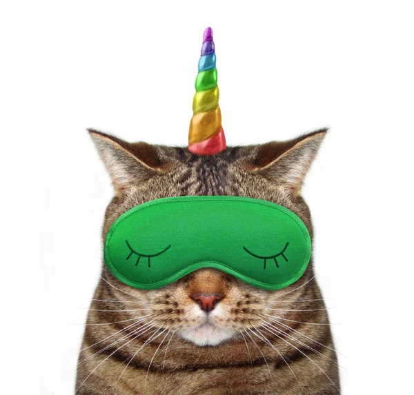 Cat Unicorn Wears Green Sleep Mask White Background — Stock Photo, Image