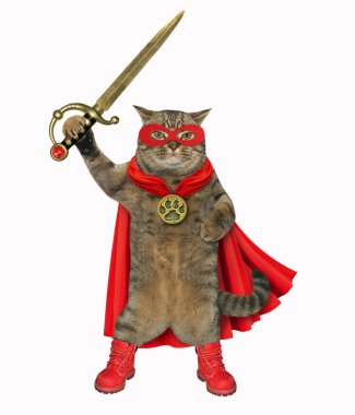 Süper kahraman kedi bir kırmızı pelerin ve maske içinde bir kılıç tutan. Beyaz arka plan.