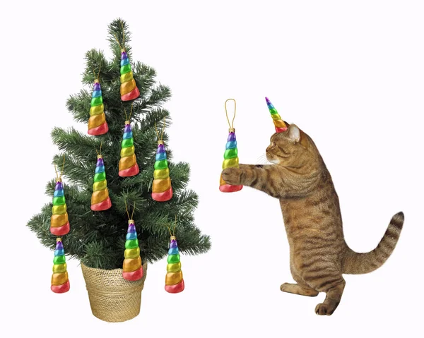 Μονόκερος Γάτα Στολίζει Χριστουγεννιάτικο Δέντρο Λευκό Φόντο — Φωτογραφία Αρχείου