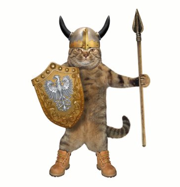 Boynuzları olan bir kask içinde kedi şövalye bir mızrak ve kalkan tutar. Beyaz arka plan.