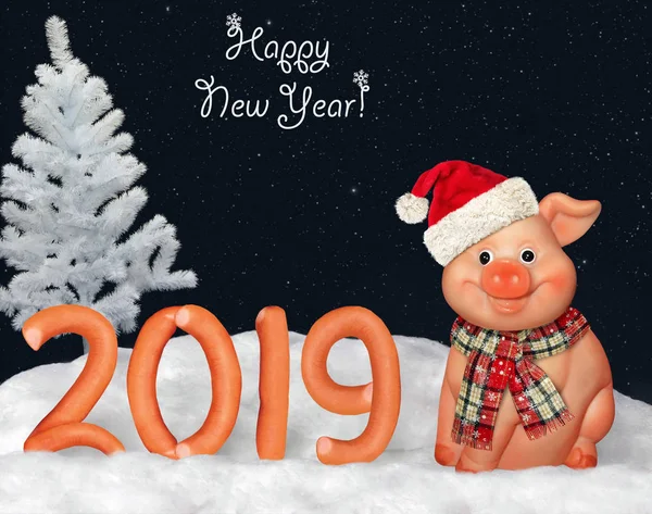 森林中的雪中的香肠数字有2019年的数字 新年快乐 一只猪就在它旁边 — 图库照片