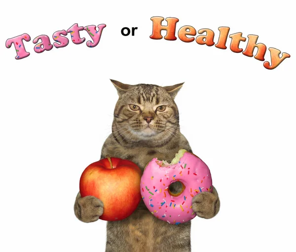 Γάτα Κατέχει Ένα Κόκκινο Μήλο Και Μεγάλο Ροζ Δαγκωμένο Ντόνατ — Φωτογραφία Αρχείου