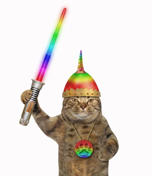 The cat warrior in a helmet with rainbow horn and a medallion holds a light sword. White background.