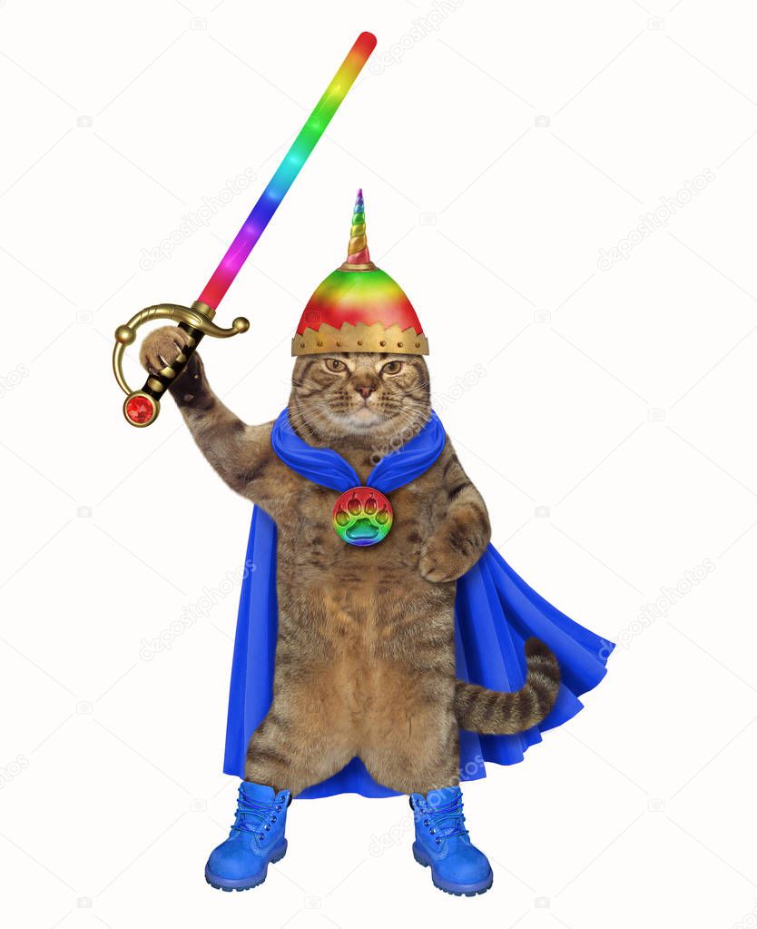 The cat warrior is dressed in a blue cape, knight's helmet and boots. He is armed with a glowing sword. White background.
