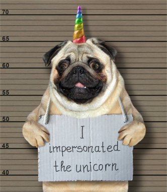Kötü köpek unicorn bürünmüş. Bu suç için polis tarafından tutuklandı ve hapse. Sanatçısını arka plan.