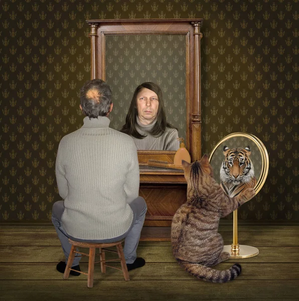 The balding man on a chair and his cat look in the different mirrors at home. They see the funny reflections. White background.