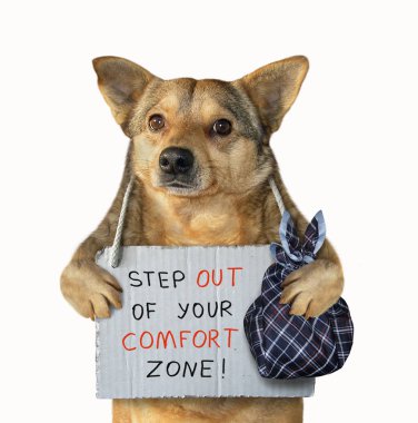 Bir çanta ve bir poster boynuna köpekle. Senin rahatlık kuşak dışarı adım. İzole.