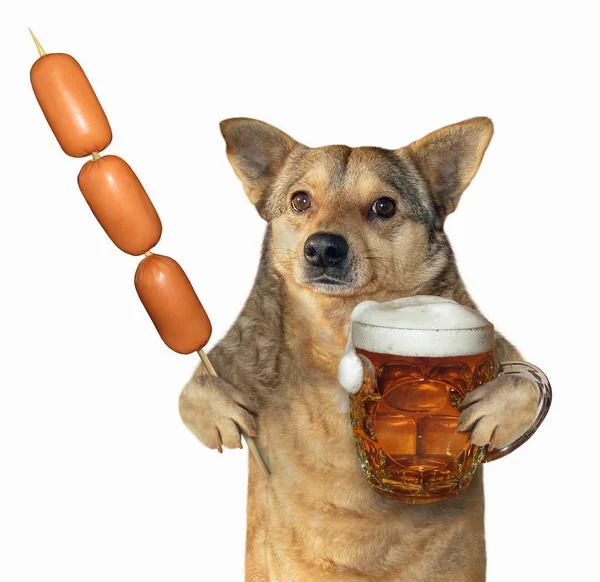Cão Rafeiro Tem Uma Caneca Cerveja Espeto Salsicha Isolado Fundo — Fotografia de Stock
