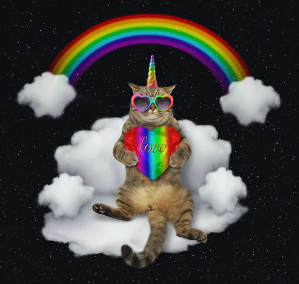 The cat unicorn in sunglasses with a color heart is sitting on the cloud like a sofa. The rainbow is behind him. Stars background.