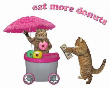 Komik kedi çörek mini hareketli pembe sepeti, satın alır. Daha fazla donut yemek. İzole.