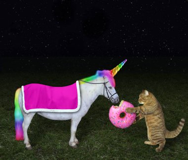 Cat feeding its unicorn with a donut clipart