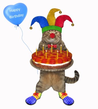 Bir kek ve bir balon ile kedi palyaço