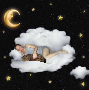 Adam ile onun kedi Sleeping üzerinde bir Cloud 2