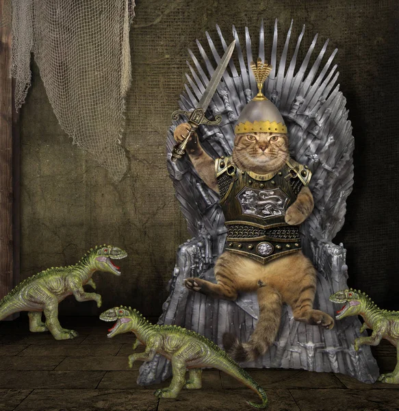 Cat on the iron throne and dragons — Stock Photo, Image