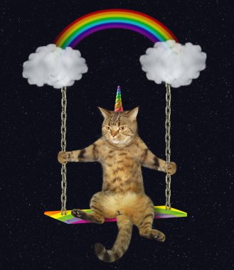 Bir bulut salıncak üzerinde sürme Kedi tek boynuzlu at