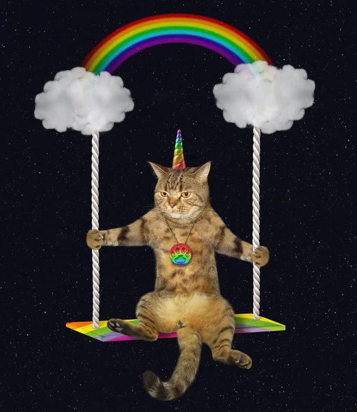 Cat unicorn riding on a cloud swing 2