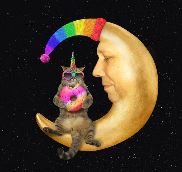 Kot jednorożec na Księżycu w kapeluszu 2 — Zdjęcie stockowe