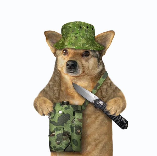 Hundejäger hält ein Springmesser in der Hand — Stockfoto