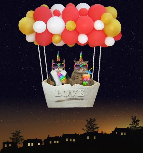 Kočky jednorožci v horkovzdušním balónu 2 — Stock fotografie